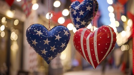 Street decorated with patriotic heart balloons lights - Street scene featuring heart-shaped balloons with patriotic stars and stripes patterns, illuminated by warm lights in a festive setting, emphasi