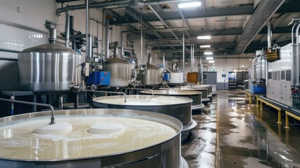 Pasteurization in large tanks Dairy products in a modern dairy factory