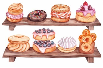 Cute bakery illustration with a variety of sweet treats in a display case in watercolor style