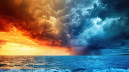 Obraz premium Dramatic seascape with fiery sunset and approaching storm, showcasing a powerful contrast of natural elements over the ocean.