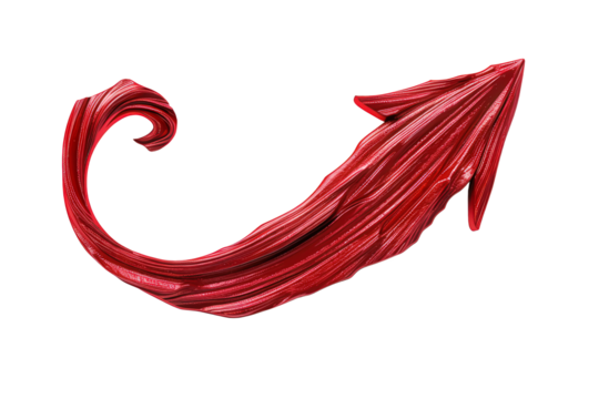 Abstract red arrow with a swirling tail, pointing upwards. The arrow is rendered in a stylized, organic style.