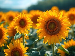 Vibrant Sunflower Field Under a Bright Blue Sky in a Tranquil Farming Landscape