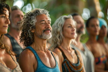 Fototapeta premium A senior man with a white beard at a meditation or yoga retreat