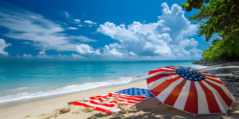 A beach scene with an American flag towel and umbrella.