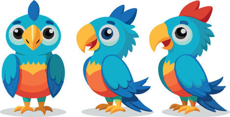 Colorful cartoon parrots in different poses with cheerful expressions on a white background