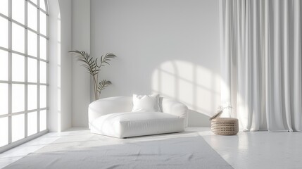 Elegant Modern Living Room with White Tone Aesthetic and Big Curtain Window in Soft Studio Lighting, Featuring Clean White Background with Diffused Window Light