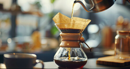 moment in the process of brewing coffee using the manual pour-over method. A metal kettle with a long spout elegantly pours hot water into a coffee filter filled with grounds, which is placed on the t