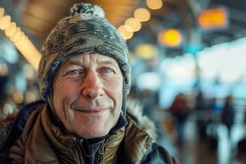 Obraz premium Portrait of a content caucasian man in his 50s dressed in a warm ski hat on bustling airport terminal background