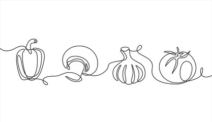 Vegetables one line set. Continuous line drawing of garlic, tomato, bell pepper, mushroom.