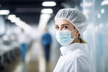 Young woman wearing a mask and protective clothing while working at a food factory