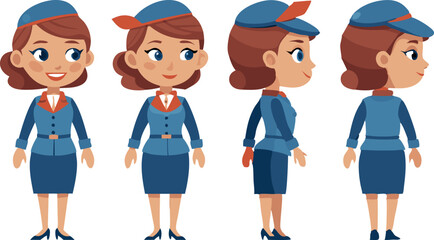 Fototapeta premium Cartoon stewardess character design in different poses for animation or branding