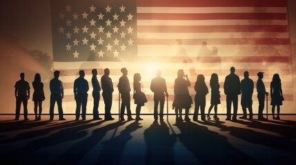 Silhouettes of people lining up at the polling station. american flag background Presidential election campaign concept