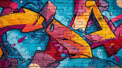 A colorful graffiti mural on a brick wall, with vibrant yellow, pink, blue and red hues.