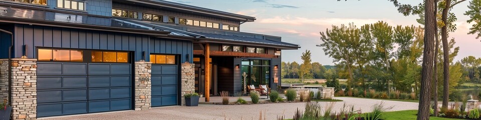 The modern style home has two garages framed by blue siding and natural stone wall trim.