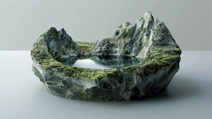Isometric photorealistic 3D rendering of a landscape in the shape of a ring on a neutral grey and white background, capturing beautiful nature within the circular form.