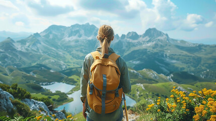 wide panoramic travel banner background with isolated traveler hiker girl with a back pack standing at the mountain peak and looking at a misty mountain valley - Powered by Adobe