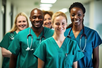 Smiling medical staff in the hospital corridor, team work, medical personnel