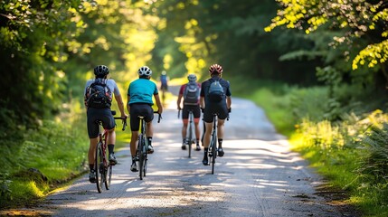 Naklejka premium A group of cyclists ride down a country road, surrounded by lush green trees. The sun shines through the trees, casting a warm glow on the riders.