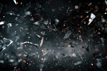 A photograph of small pieces of glass suspended in mid-air, with no clear background or context