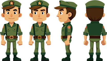 Cartoon soldier character design in various poses, green military uniform, front and side views