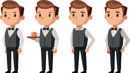 Naklejka premium Cartoon waiters in uniform with different poses including holding a tray