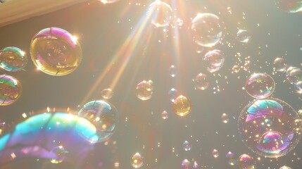 Endless Array of Floating Soap Bubbles with Colorful Refelections, Minimalist Abstract Art, Light Shining Through, Gray or Blue Background