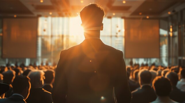 A silhouetted speaker stands before a large audience, bathed in the golden glow of the setting sun.