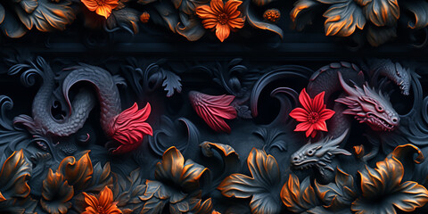 Mythical dragons in different poses creating an epic pattern (tile)