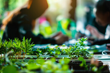 Close up of Young Plants in Greenhouse with People Working in Background