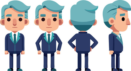 Cartoon character in suit with blue hair in multiple poses for animation