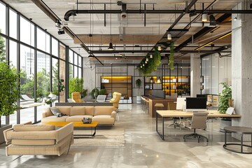 Modern, open-plan office space with large windows, exposed beams, and comfortable seating.