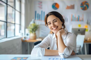 Obraz premium Smiling businesswoman sitting at desk in modern office, looking at camera. Charts and graphs on the wall.