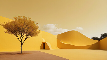 Aesthetic composition of yellow wall building, furniture, decor. Template.