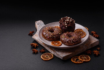 Delicious fresh donuts with filling and chocolate coating