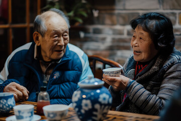 Senior Couple Enjoying Tea Together in a Cozy Indoor Setting