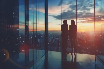 Fototapeta premium Two silhouettes of businesspeople stand in a skyscraper looking out over a city skyline at sunset.