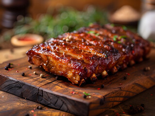 Baked pork ribs in a square wooden plate on a wooden background with a blurred background.