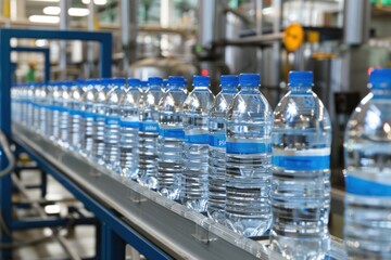 Plastic bottles on a conveyor belt for packing in a drinking water factory Plastic bottle production process