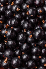 Ripe blackcurrant berries in droplets of water in a ceramic bowl