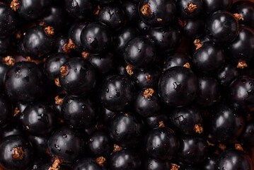 Ripe blackcurrant berries in droplets of water in a ceramic bowl