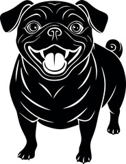 A black and white drawing of a pug dog with its tongue out