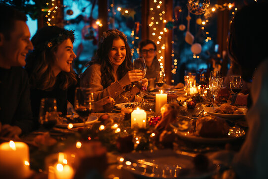 Cozy Holiday Dinner Party with Friends Enjoying Festive Celebrations and Warm Candlelight