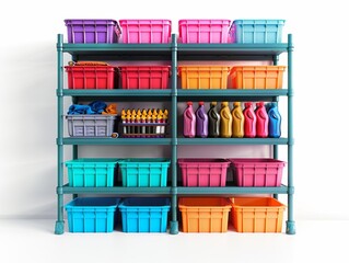 Colorful plastic storage bins and shelves, white background