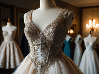 Exquisite Embroidered Lace Ball Gown Wedding Dress on Mannequin in Elegant Bridal Boutique Setting with Multiple Dresses