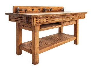 The photo shows a vintage wooden workbench with a shelf and a drawer, white background