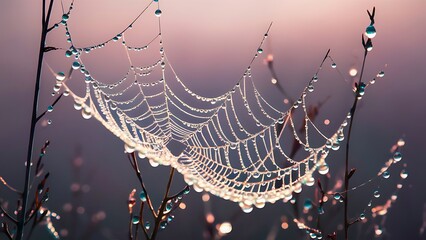 A captivating anime-style photo of a delicate spider web adorned with droplets of dew at the break of dawn.