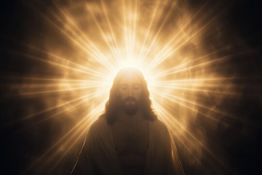 A celestial figure illuminated by a radiant golden light, creating a spiritual and divine aura in a heavenly setting.