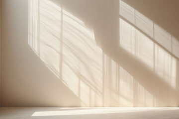 Abstract, blurred natural light streaming through windows, casting soft shadows overlayed on a textured wall paper, minimalist light beige hue as a backdrop ideal for product presentation