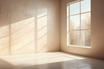 A digital painting of a realistic and minimalistic setting where light, seeping in through blurred windows, jumps onto a wallpaper textured with an overlay of soft shadows, underlining the simplicity