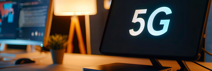 Modern Home Office Featuring 5G Technology and Trendy Workspace Setup with Ambient Lighting